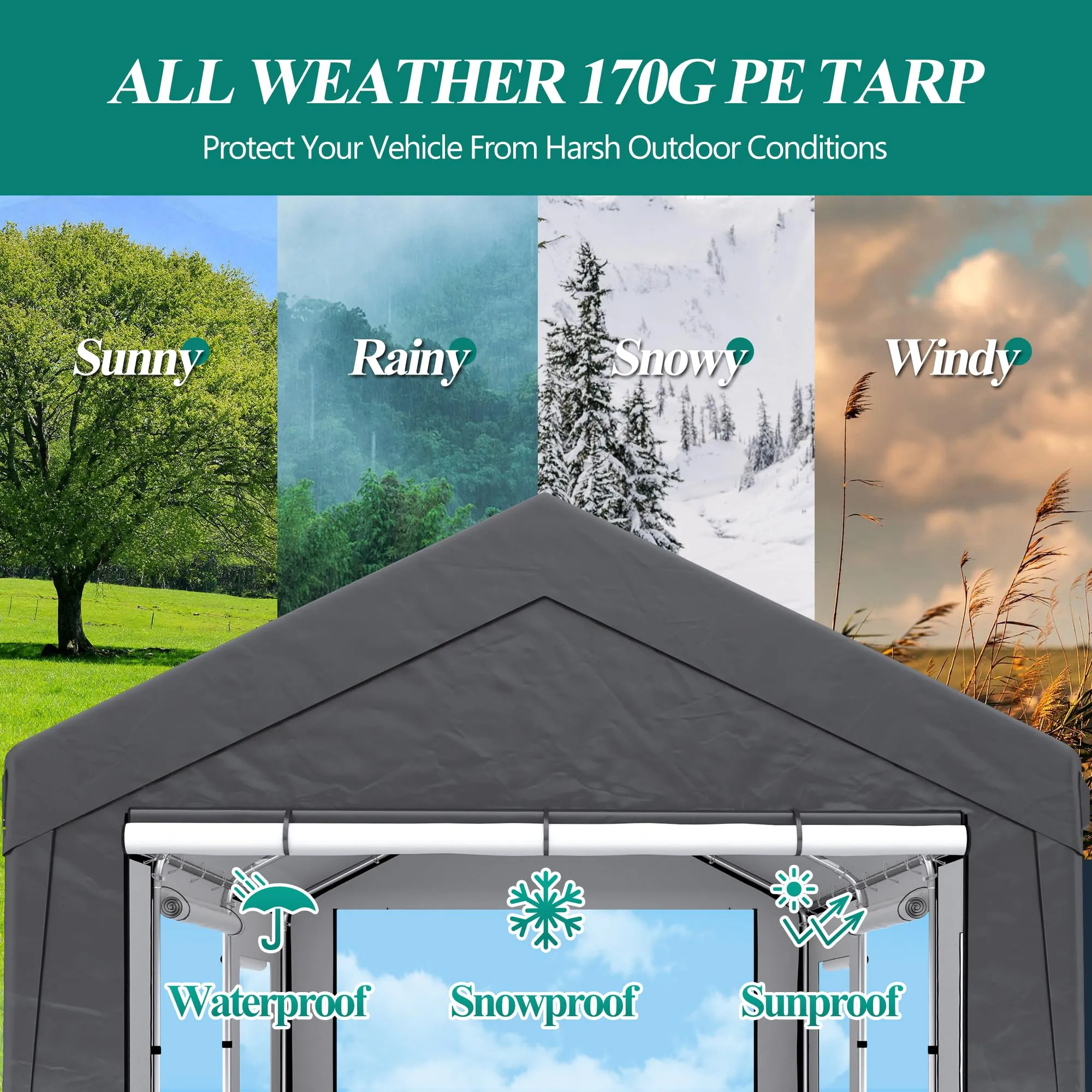 GARTOO Upgrade 12' x 20' Heavy Duty Carport - Extra Large Outdoor Shelter with Roll-up Ventilated Windows & Side Doors, Portable Garage for Car Truck Auto Motorcycle Boat Outdoor Events Party, Gray
