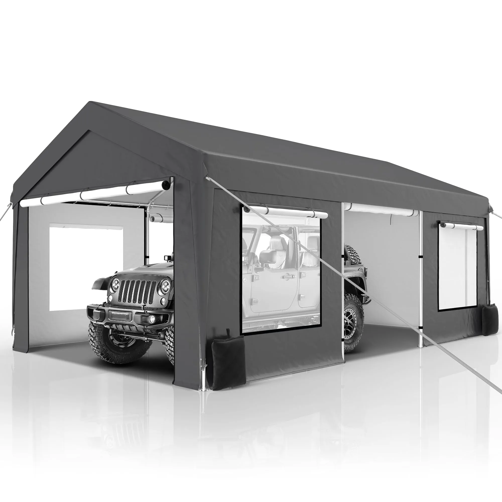 GARTOO Upgrade 12' x 20' Heavy Duty Carport - Extra Large Outdoor Shelter with Roll-up Ventilated Windows & Side Doors, Portable Garage for Car Truck Auto Motorcycle Boat Outdoor Events Party, Gray