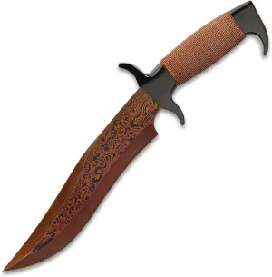 Gil Hibben Hellfyre Highlander Bowie Knife with Leather Belt Sheath - Damascus Steel Blade, Wire-Wrapped Handle, Black Metal Handguard and Pommel, Gotta Have Collectors Dream - Length 13 1/2"