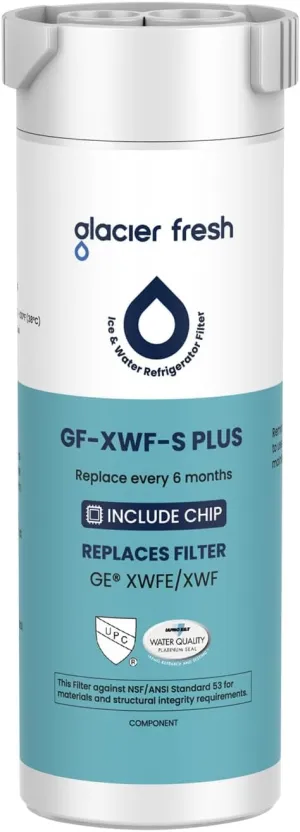 GLACIER FRESH Water Filter Compatible with XWFE (Built-in CHIP), Replacement for GE XWFE, XWF Refrigerator Water Filter NSF/ANSI 53 Certification Pack of 1