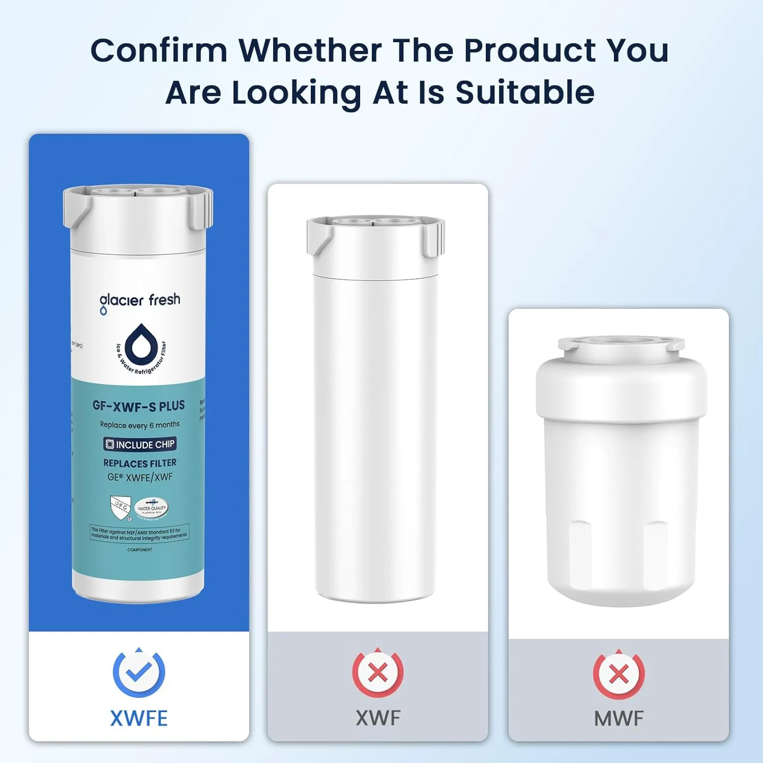 GLACIER FRESH Water Filter Compatible with XWFE (Built-in CHIP), Replacement for GE XWFE, XWF Refrigerator Water Filter NSF/ANSI 53 Certification Pack of 1