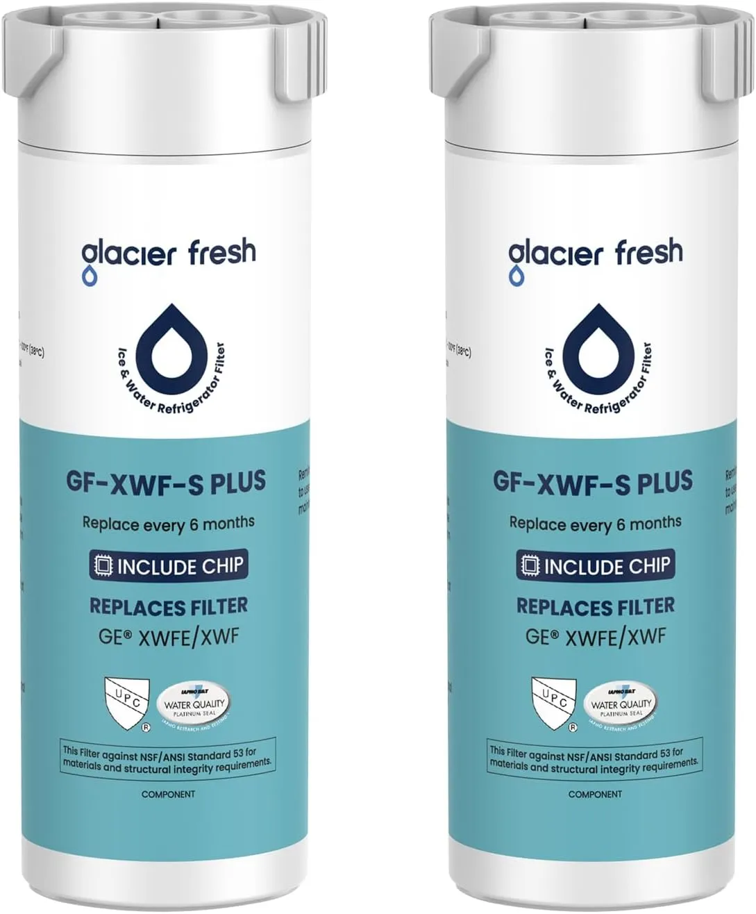 GLACIER FRESH Water Filter Compatible with XWFE (Built-in CHIP), Replacement for GE XWFE, XWF Refrigerator Water Filter NSF/ANSI 53 Certification Pack of 2