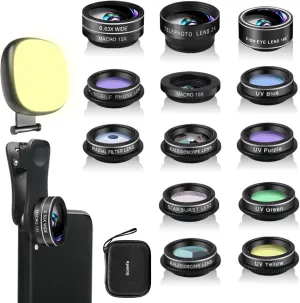 Godefa Phone Camera Lens Kit, 14 in 1 Lenses with Selfie Light for iPhone 14 13 12 11 Xs X Pro Samsung and Other Andriod Smartphone, Universal Clip on Wide Angle Macro  Fisheye Camera Lenses