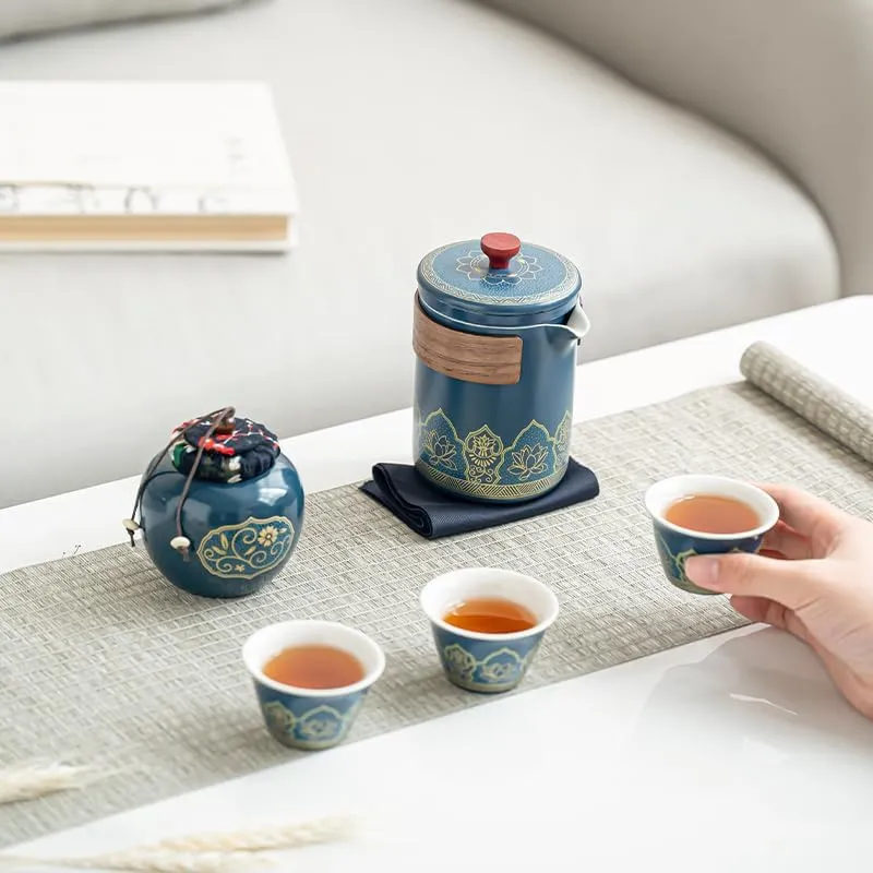 Gongfu Ceramic Tea Set - 6-Piece Portable Asian Set With Travel Bag, High-End Gift Box for Home, Office, Outdoor Use (Cyan)