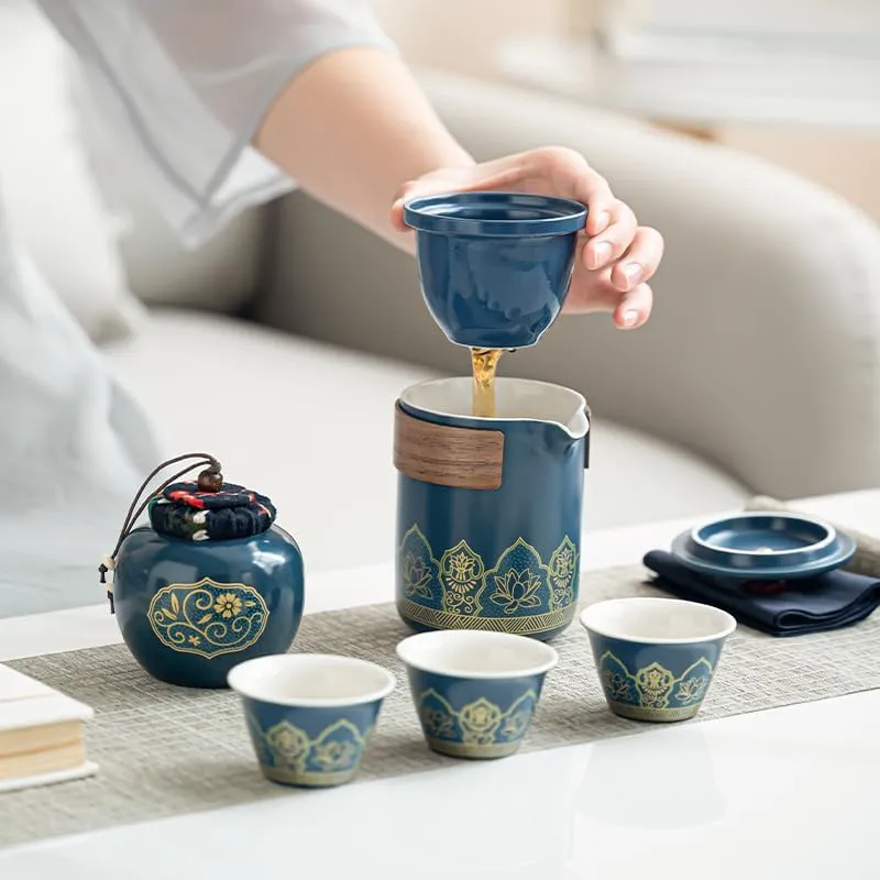 Gongfu Ceramic Tea Set - 6-Piece Portable Asian Set With Travel Bag, High-End Gift Box for Home, Office, Outdoor Use (Cyan)