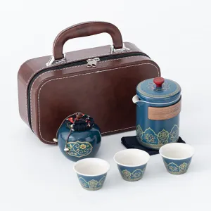 Gongfu Ceramic Tea Set - 6-Piece Portable Asian Set With Travel Bag, High-End Gift Box for Home, Office, Outdoor Use (Cyan)