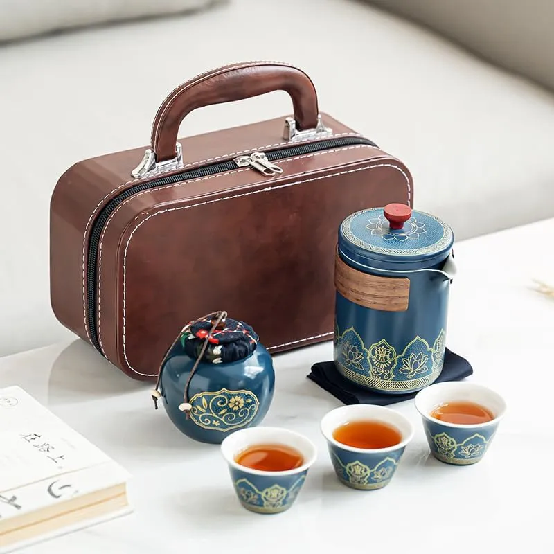Gongfu Ceramic Tea Set - 6-Piece Portable Asian Set With Travel Bag, High-End Gift Box for Home, Office, Outdoor Use (Cyan)