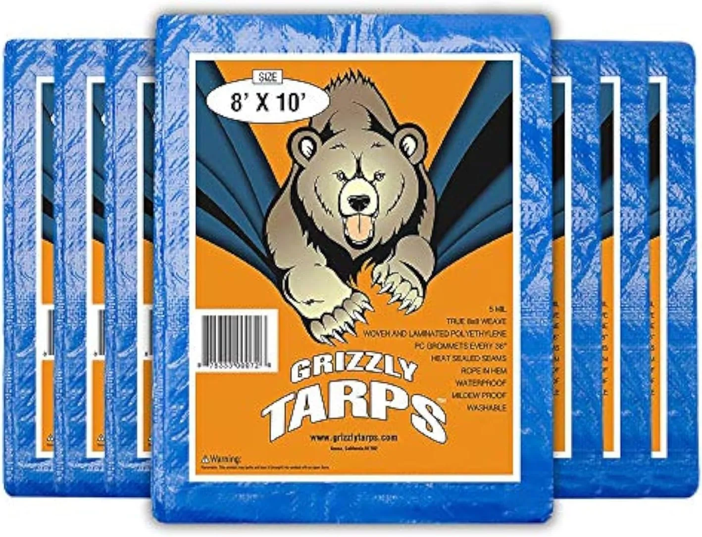 Grizzly Tarps by B-Air 8' x 10' Large Multi-Purpose Waterproof Heavy Duty Poly Tarp with Grommets Every 36", 8x8 Weave, 5 Mil Thick, for Home, Boats, Cars, Camping, Protective Cover, Pack of 4, Blue