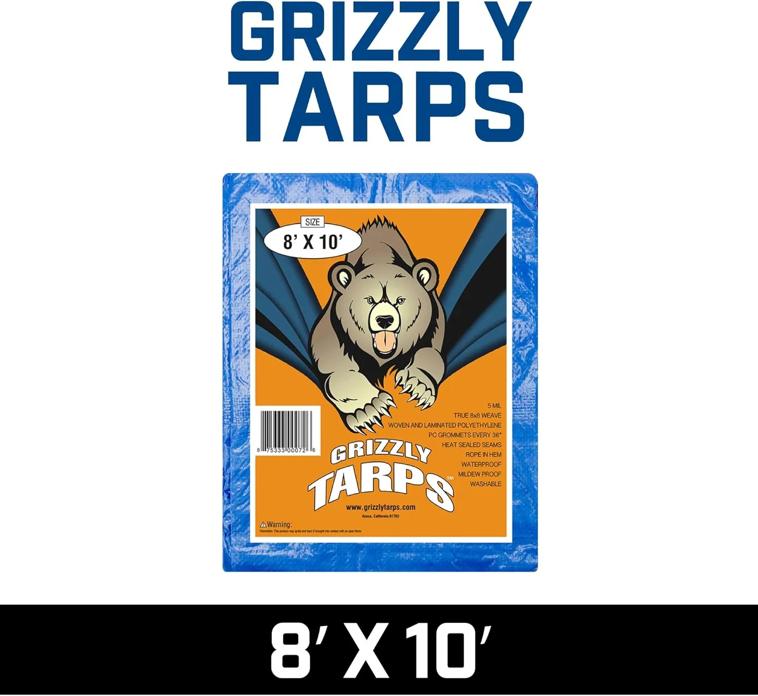 Grizzly Tarps by B-Air 8' x 10' Large Multi-Purpose Waterproof Heavy Duty Poly Tarp with Grommets Every 36", 8x8 Weave, 5 Mil Thick, for Home, Boats, Cars, Camping, Protective Cover, Pack of 4, Blue