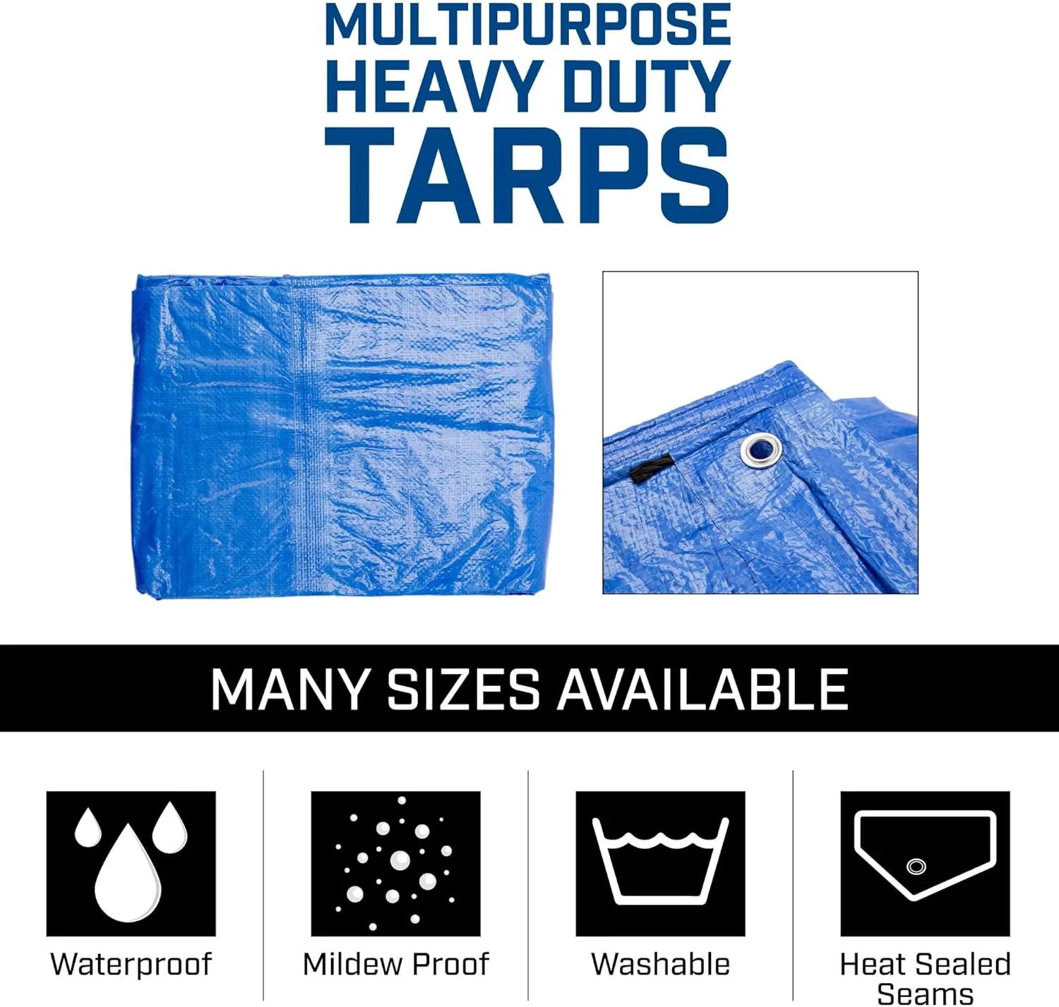 Grizzly Tarps by B-Air 8' x 10' Large Multi-Purpose Waterproof Heavy Duty Poly Tarp with Grommets Every 36", 8x8 Weave, 5 Mil Thick, for Home, Boats, Cars, Camping, Protective Cover, Pack of 4, Blue