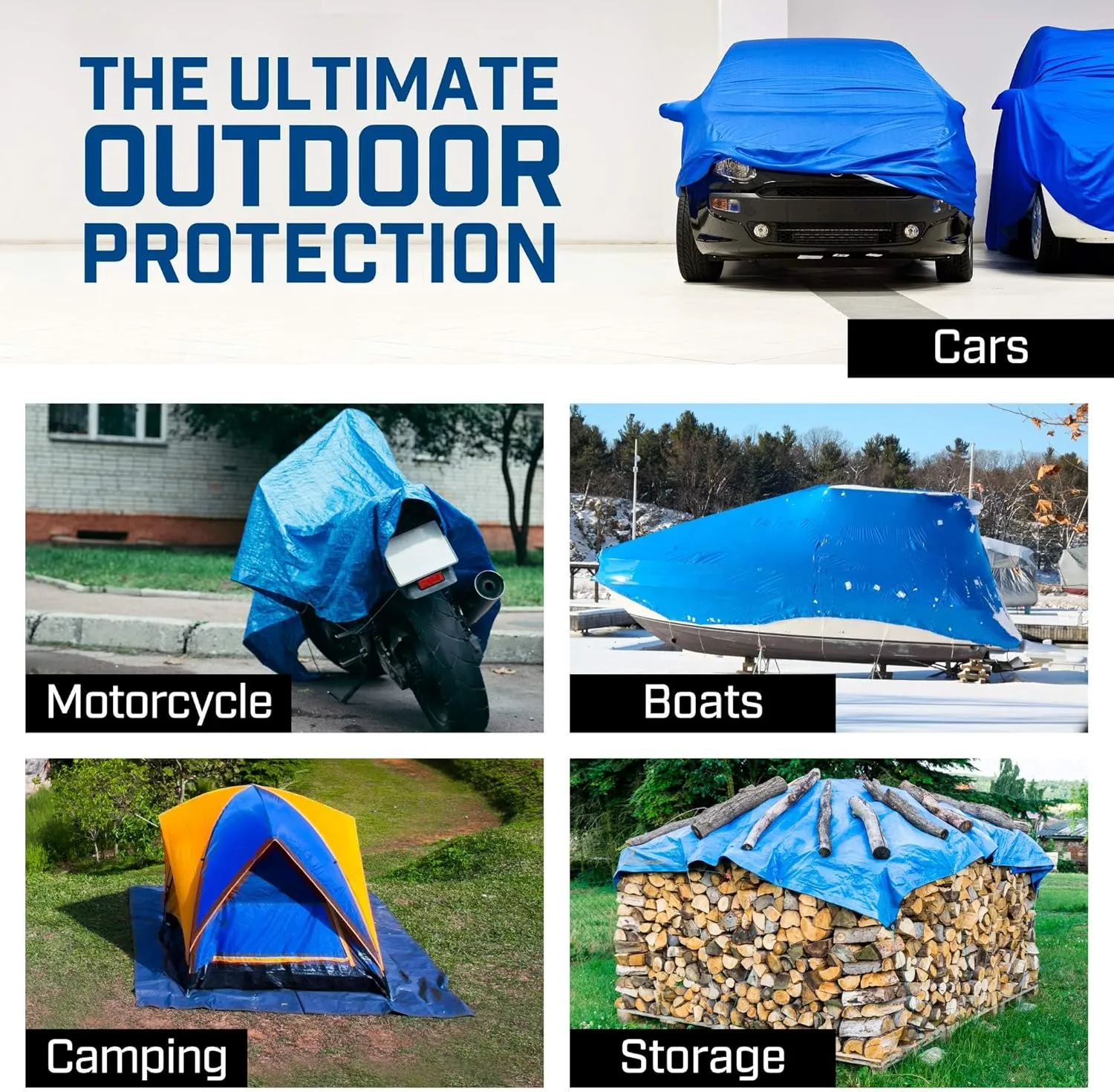 Grizzly Tarps by B-Air 8' x 10' Large Multi-Purpose Waterproof Heavy Duty Poly Tarp with Grommets Every 36", 8x8 Weave, 5 Mil Thick, for Home, Boats, Cars, Camping, Protective Cover, Pack of 4, Blue