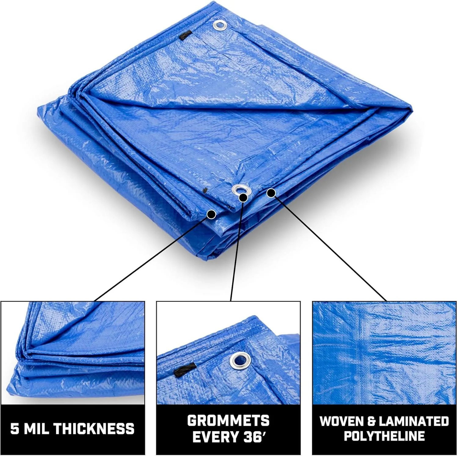 Grizzly Tarps by B-Air 8' x 10' Large Multi-Purpose Waterproof Heavy Duty Poly Tarp with Grommets Every 36", 8x8 Weave, 5 Mil Thick, for Home, Boats, Cars, Camping, Protective Cover, Pack of 4, Blue