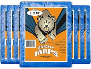 Grizzly Tarps by B-Air 8' x 10' Large Multi-Purpose Waterproof Heavy Duty Poly Tarp with Grommets Every 36", 8x8 Weave, 5 Mil Thick, for Home, Boats, Cars, Camping, Protective Cover, Pack of 4, Blue