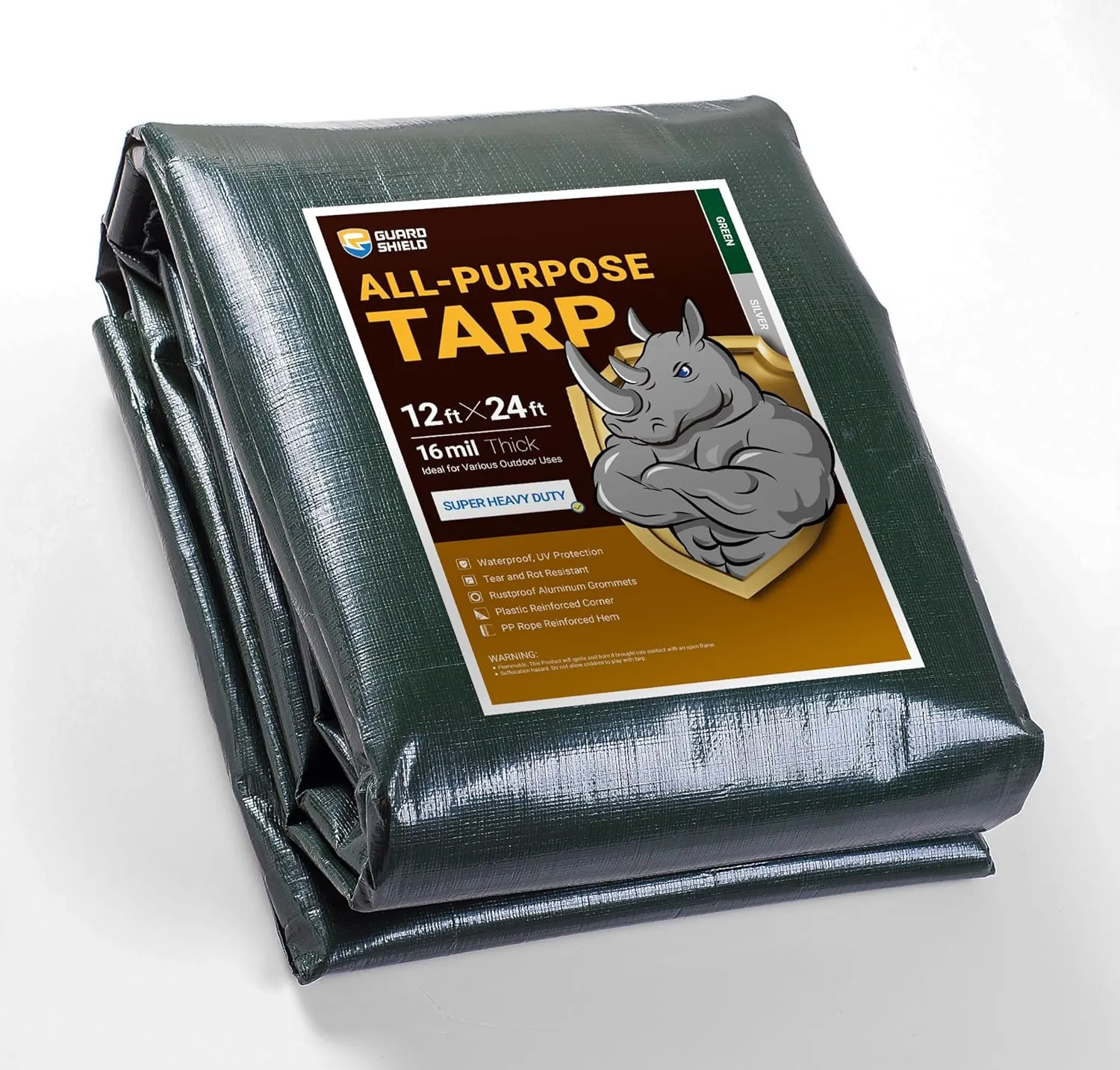 GUARD SHIELD Super Heavy Duty Green/Silver Poly Tarp Cover 12x24 Feet Waterproof 16mil Thick UV and Tear Resistant Tarpaulin with Grommets and Reinforced Edges