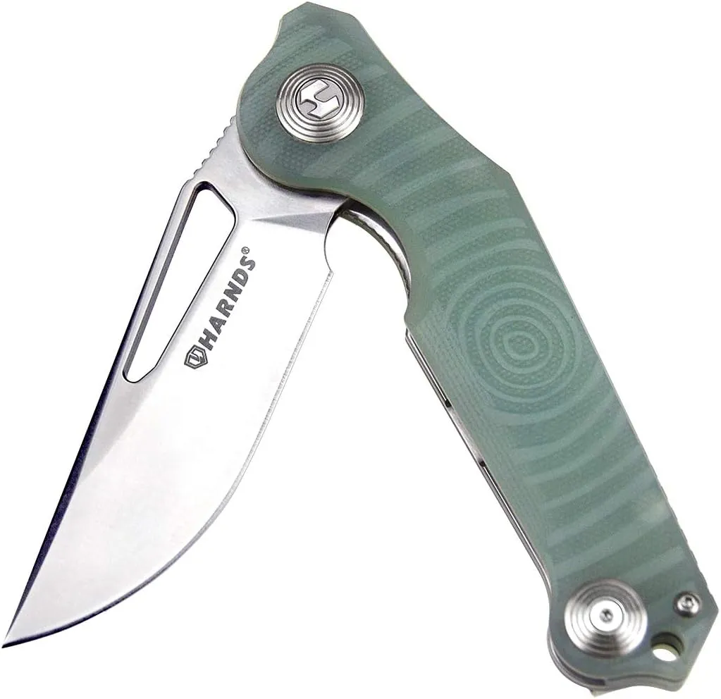 Harnds Time Folding Knife with Sandvik 14C28N Steel Blade Pocket Knife with G10 Handle Camping Knife with Pocket Clip (Transparent Cyan)