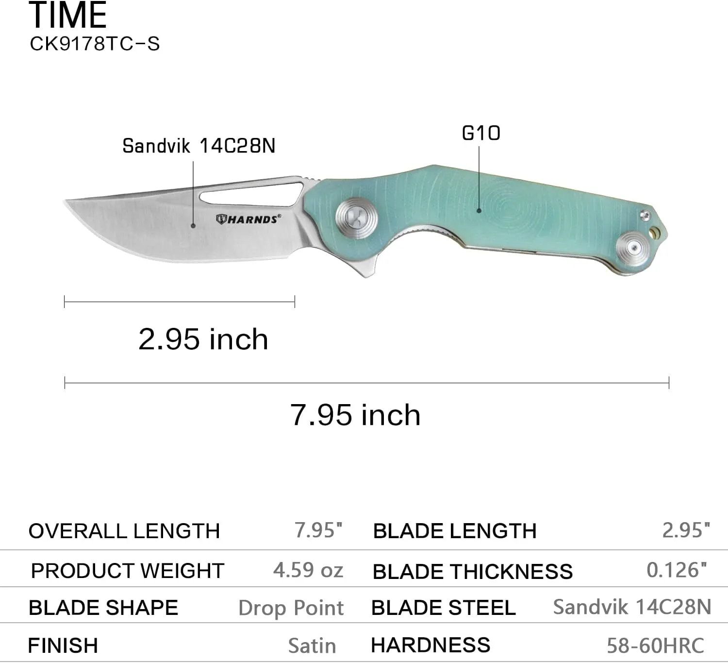 Harnds Time Folding Knife with Sandvik 14C28N Steel Blade Pocket Knife with G10 Handle Camping Knife with Pocket Clip (Transparent Cyan)