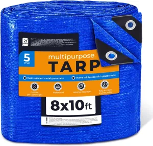 Heavy-Duty Blue Poly Tarp 8' x 10' – UV-Resistant, Waterproof, Weatherproof, Multipurpose Tarp for Cars, Boats, RVs, and Outdoor Use – 5 Mil Thick Polyethylene Cover by 21 Home