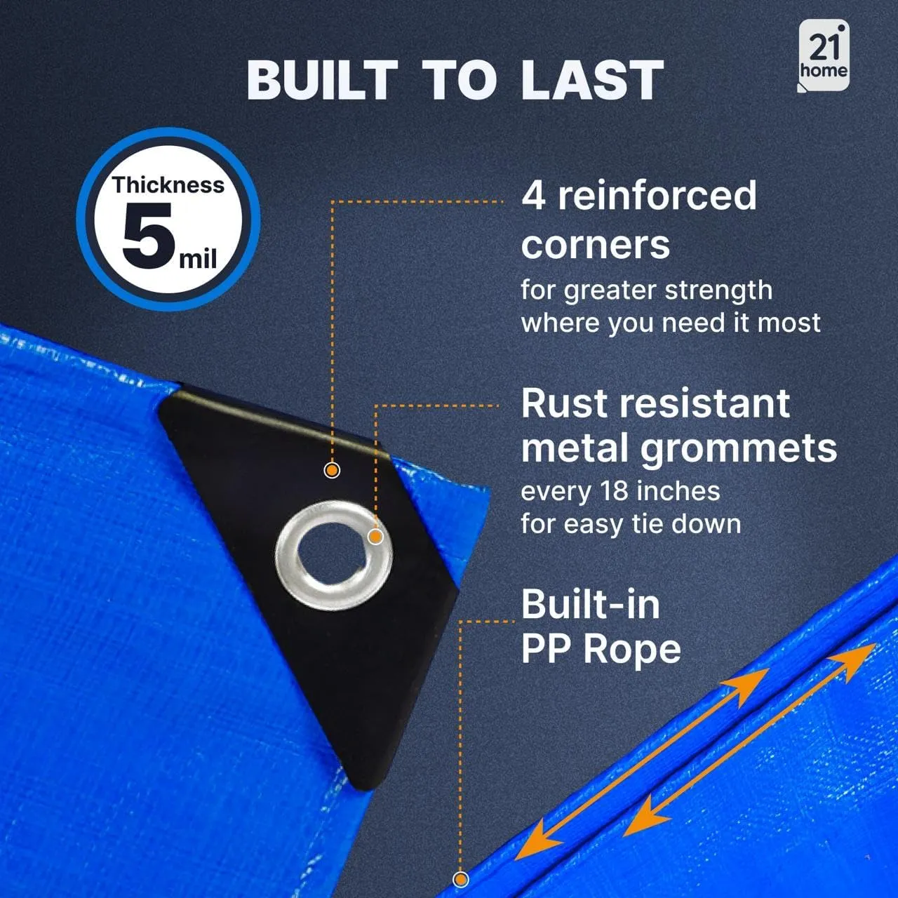 Heavy-Duty Blue Poly Tarp 8' x 10' – UV-Resistant, Waterproof, Weatherproof, Multipurpose Tarp for Cars, Boats, RVs, and Outdoor Use – 5 Mil Thick Polyethylene Cover by 21 Home