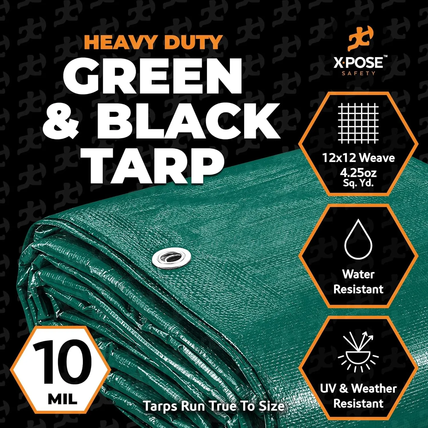 Heavy Duty Poly Tarp 10 Feet x 15 Feet 10 Mil Thick Waterproof, UV Blocking Protective Cover - Reversible Green and Black - Laminated Coating - Grommets - by Xpose Safety