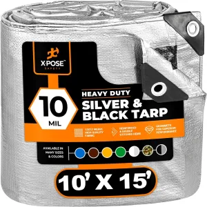 Heavy Duty Poly Tarp -10' x 15'- 10 Mil Thick Waterproof, UV Blocking Protective Cover - Reversible Silver and Black - Laminated Coating - Grommets - by Xpose Safety