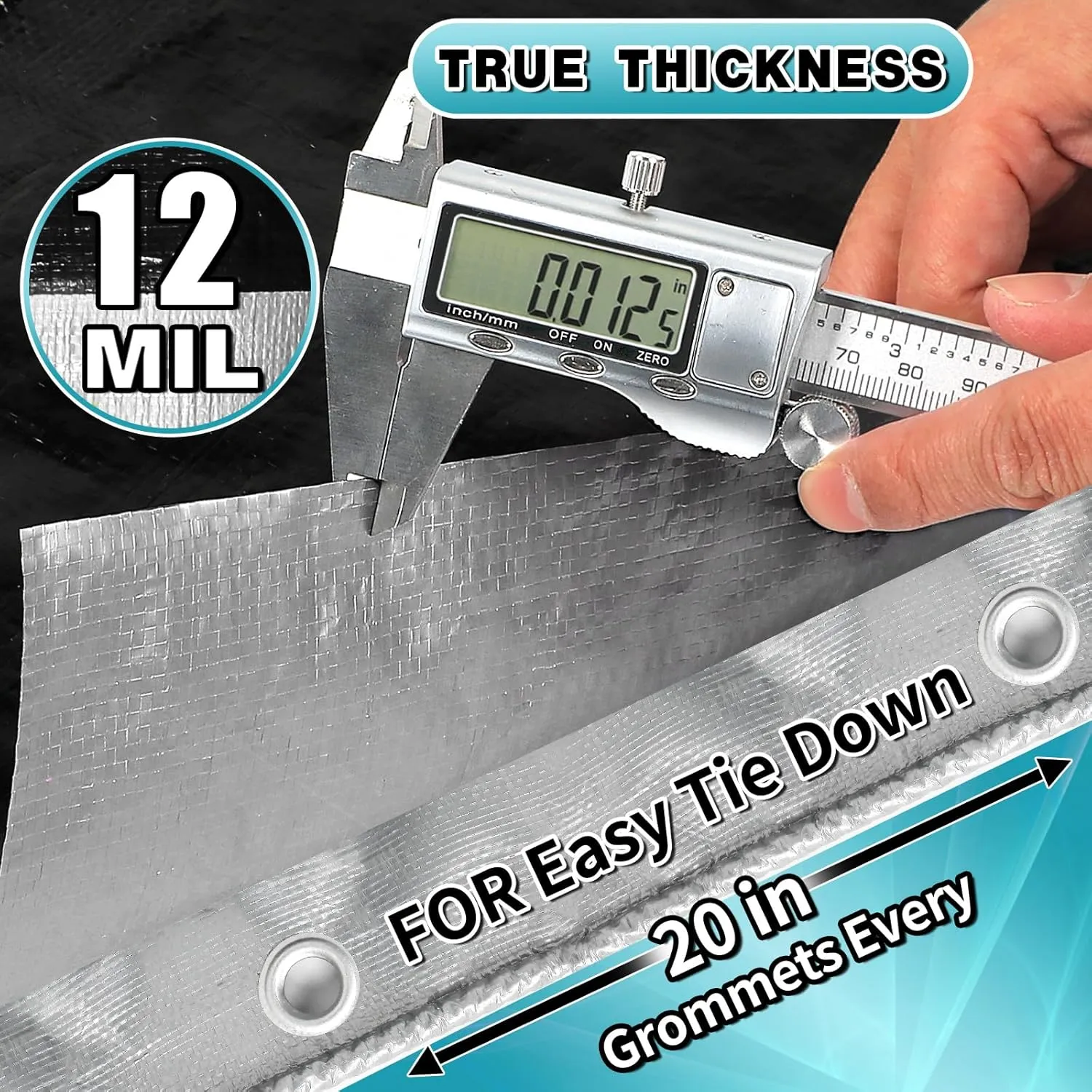 Heavy Duty Tarp 10' x 12', 12 Mil Thick Waterproof Poly Tarps, High Durability, Rip and Tear Resistant with Metal Grommets Every 20 Inches (Silver/Black)