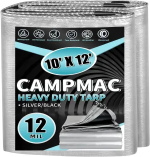 Heavy Duty Tarp 10' x 12', 12 Mil Thick Waterproof Poly Tarps, High Durability, Rip and Tear Resistant with Metal Grommets Every 20 Inches (Silver/Black)