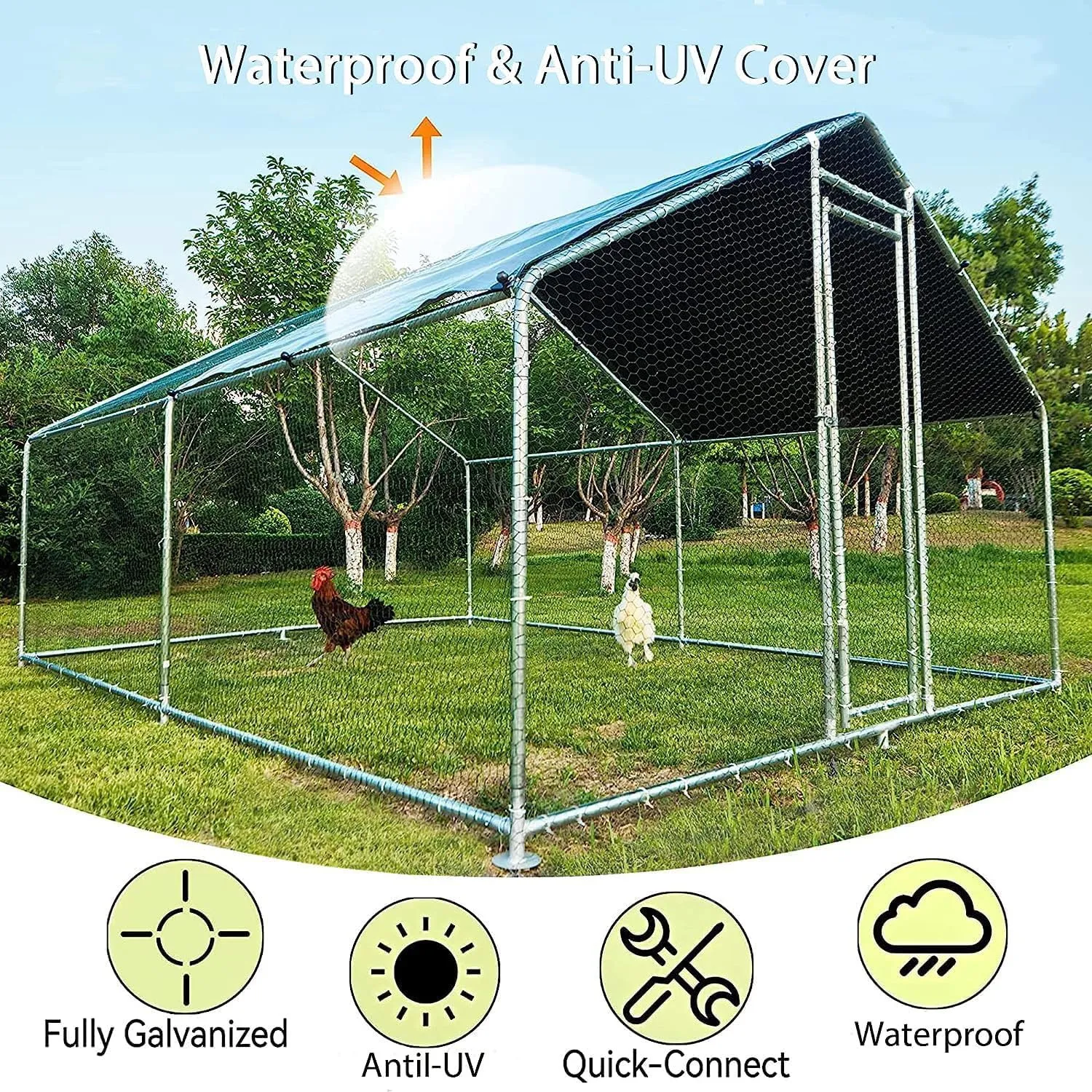 HITTITE Large Metal Chicken Coop with Run, 12.8 x 9.84 x 6.56 ft Walk in Poultry Cage Chicken Run Pen, Outdoor Chicken Runs for Yard with Waterproof & Anti-UV Cover