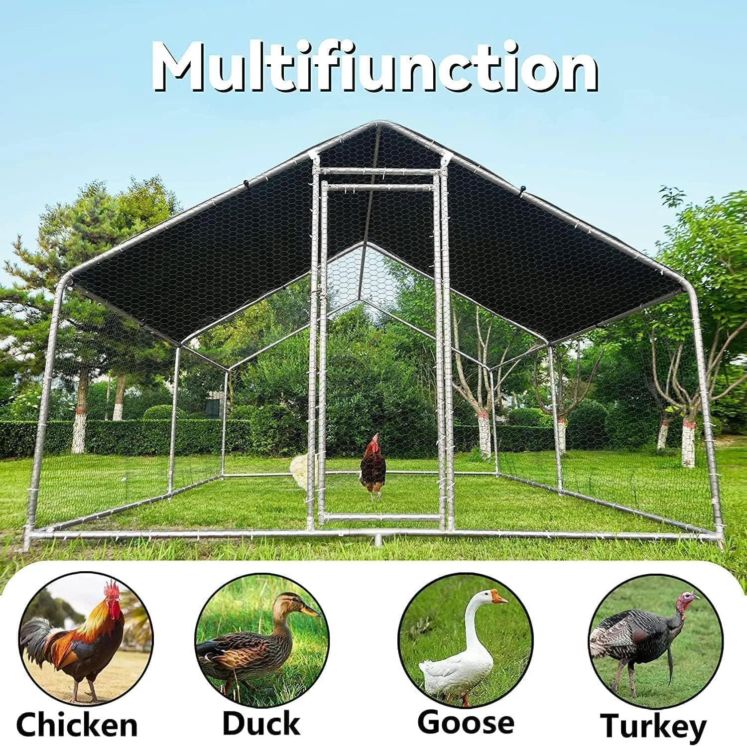 HITTITE Large Metal Chicken Coop with Run, 12.8 x 9.84 x 6.56 ft Walk in Poultry Cage Chicken Run Pen, Outdoor Chicken Runs for Yard with Waterproof & Anti-UV Cover