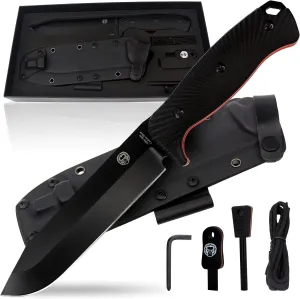 Holtzman's Gorilla Survival Lavaline Fixed Blade Hunting Knife with Sheath, Fire Starter, G10 Scraper & Paracord (Black Orange) - Durable 1095 High Carbon Steel