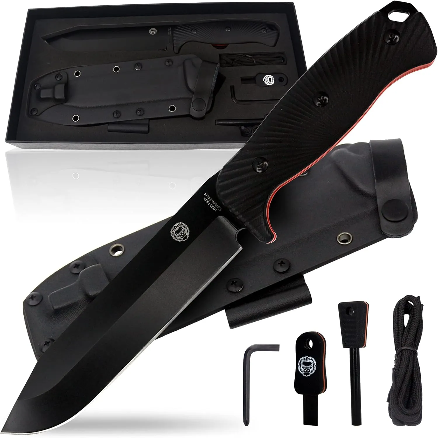 Holtzman's Gorilla Survival Lavaline Fixed Blade Hunting Knife with Sheath, Fire Starter, G10 Scraper & Paracord (Black Orange) - Durable 1095 High Carbon Steel