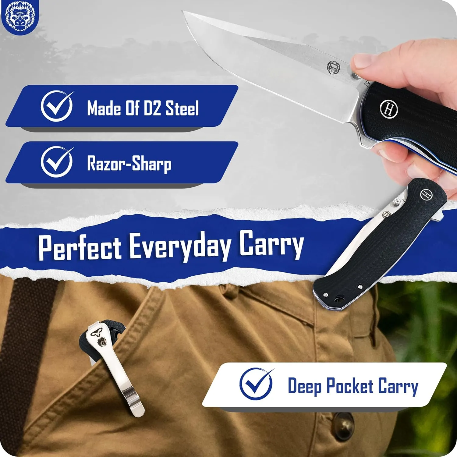 Holtzman's Gorilla Survival Wrangler Folding Knife with G10 Handle and D2 Steel Blade, Gift Box Set (Silver Blue) - Ideal for Everyday Carry and Outdoor Use