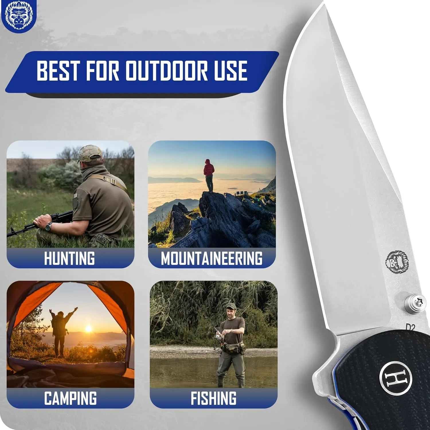 Holtzman's Gorilla Survival Wrangler Folding Knife with G10 Handle and D2 Steel Blade, Gift Box Set (Silver Blue) - Ideal for Everyday Carry and Outdoor Use