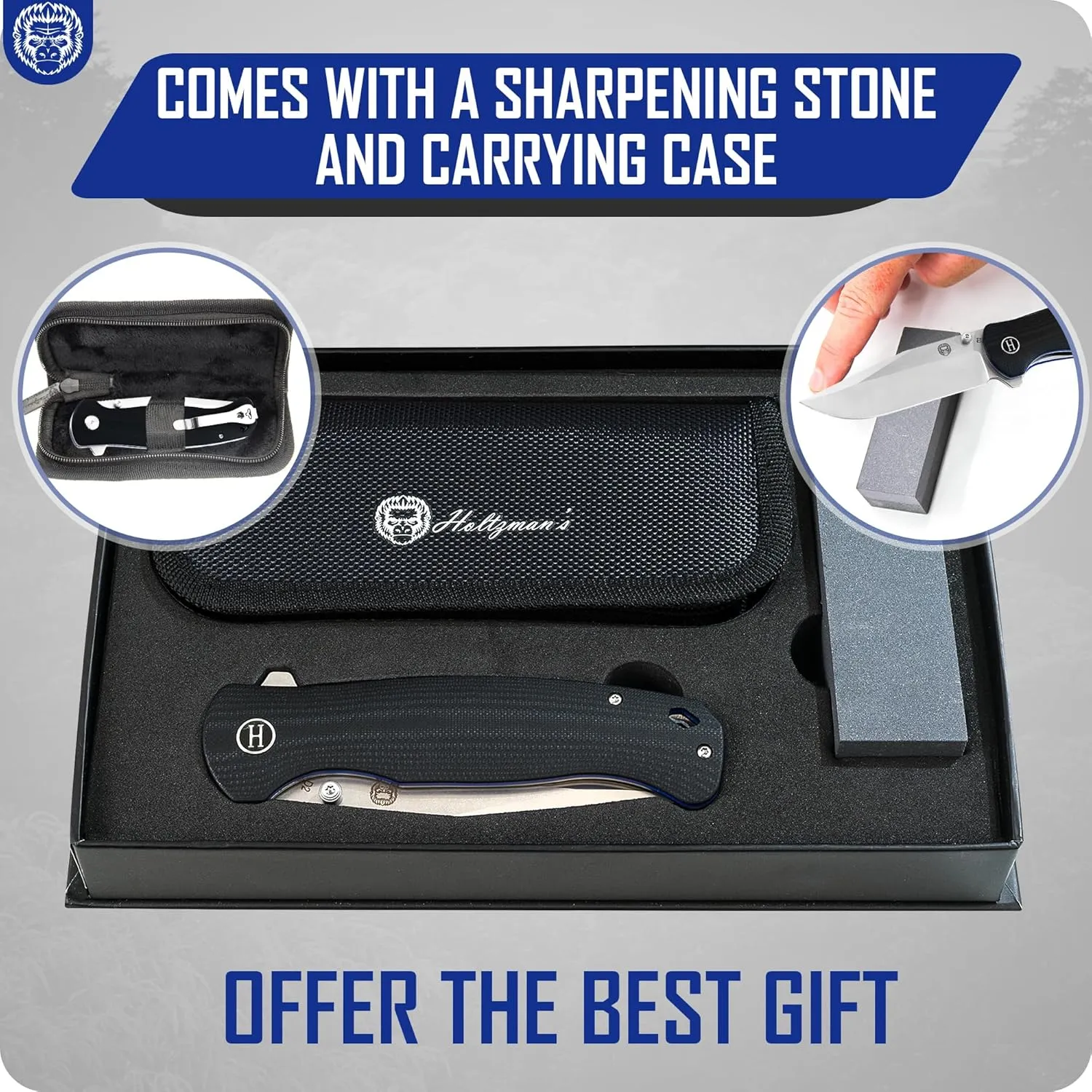 Holtzman's Gorilla Survival Wrangler Folding Knife with G10 Handle and D2 Steel Blade, Gift Box Set (Silver Blue) - Ideal for Everyday Carry and Outdoor Use