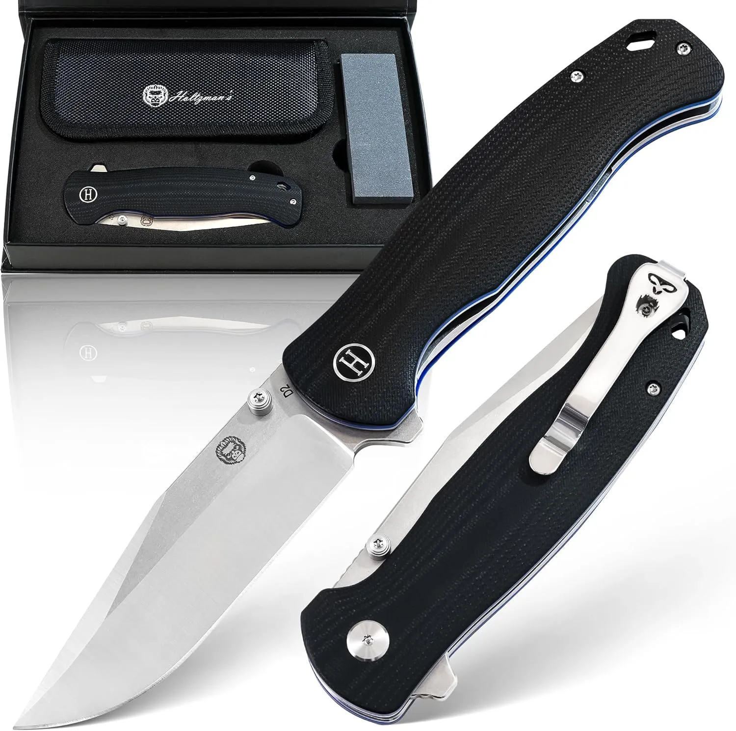 Holtzman's Gorilla Survival Wrangler Folding Knife with G10 Handle and D2 Steel Blade, Gift Box Set (Silver Blue) - Ideal for Everyday Carry and Outdoor Use