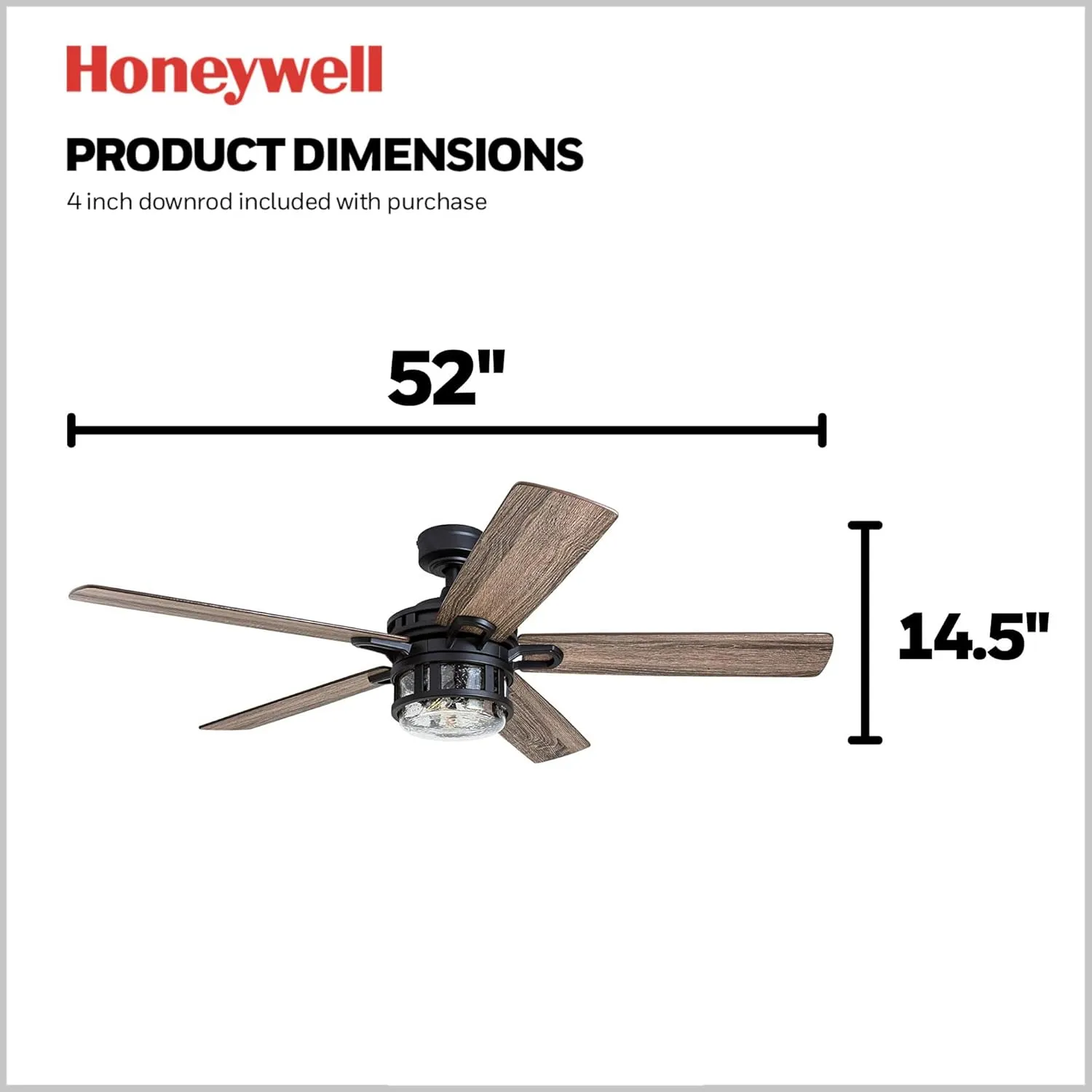 Honeywell Ceiling Fans Bonterra Modern 52 Inch Ceiling Fan with Light, Remote Control Fan, LED Indoor Fan with 5 Blades, Brown Pine and Black Blade Finish Options, Matte Black (50690-01)