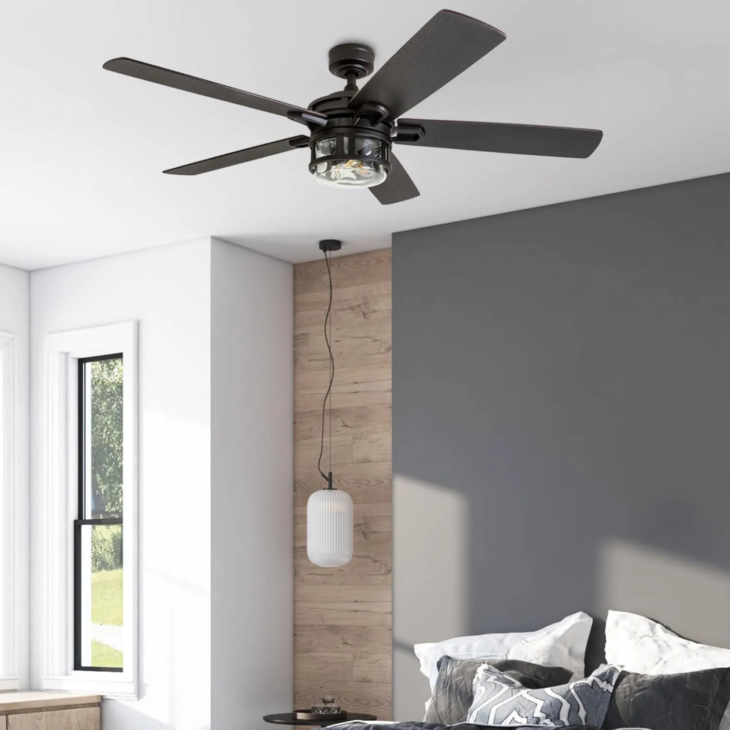 Honeywell Ceiling Fans Bonterra Modern 52 Inch Ceiling Fan with Light, Remote Control Fan, LED Indoor Fan with 5 Blades, Brown Pine and Black Blade Finish Options, Matte Black (50690-01)