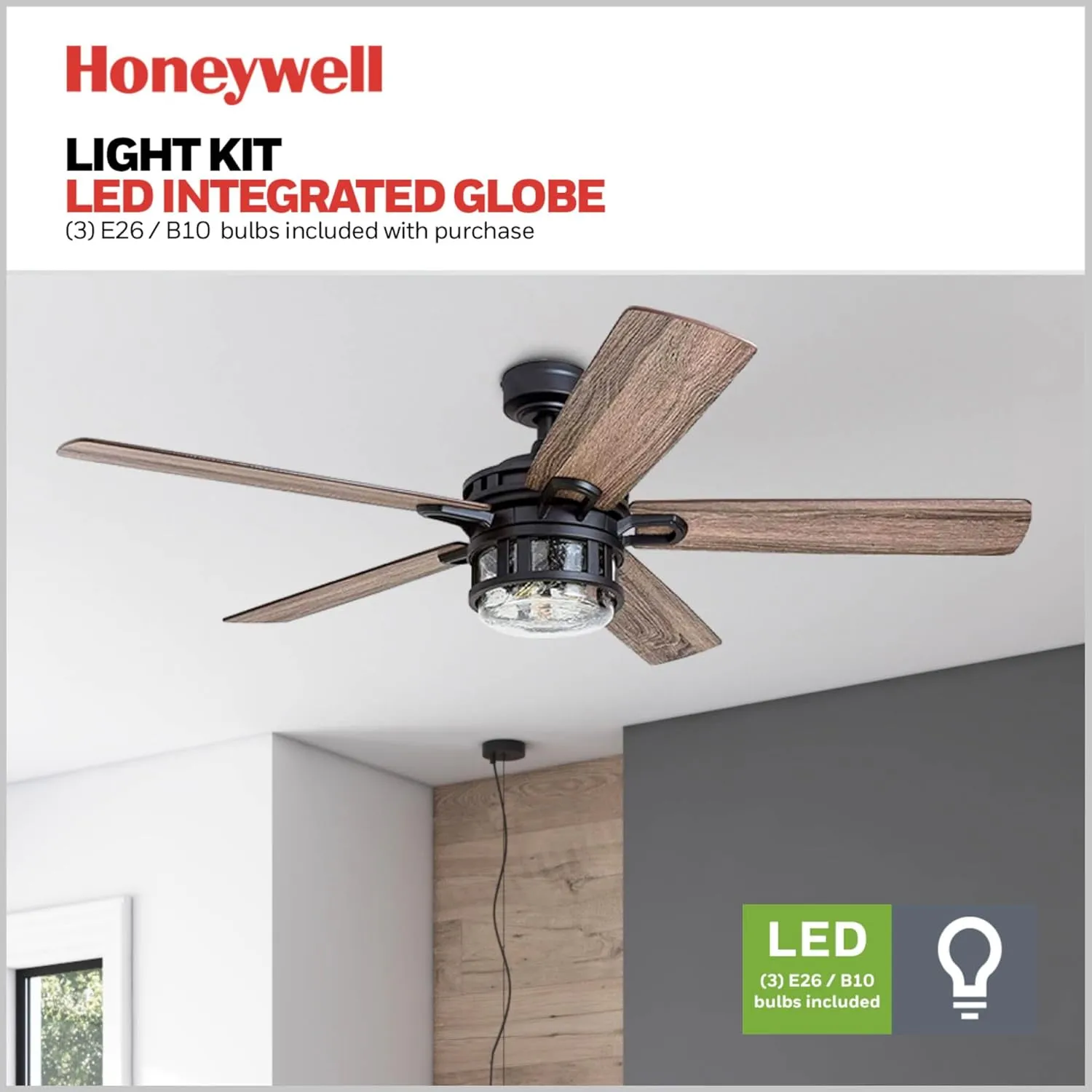 Honeywell Ceiling Fans Bonterra Modern 52 Inch Ceiling Fan with Light, Remote Control Fan, LED Indoor Fan with 5 Blades, Brown Pine and Black Blade Finish Options, Matte Black (50690-01)
