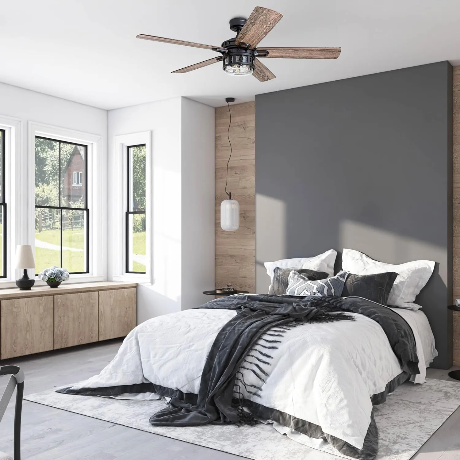 Honeywell Ceiling Fans Bonterra Modern 52 Inch Ceiling Fan with Light, Remote Control Fan, LED Indoor Fan with 5 Blades, Brown Pine and Black Blade Finish Options, Matte Black (50690-01)
