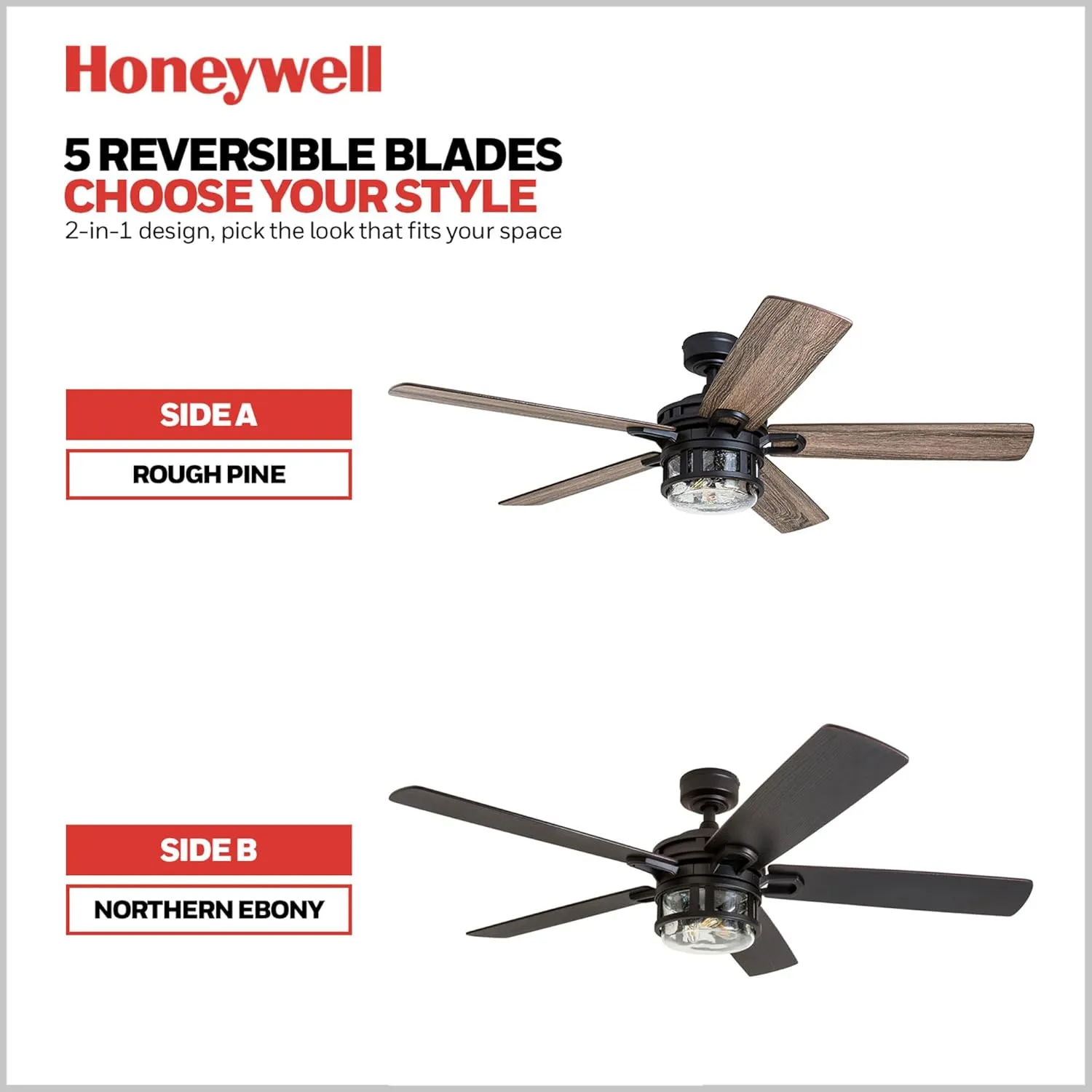 Honeywell Ceiling Fans Bonterra Modern 52 Inch Ceiling Fan with Light, Remote Control Fan, LED Indoor Fan with 5 Blades, Brown Pine and Black Blade Finish Options, Matte Black (50690-01)