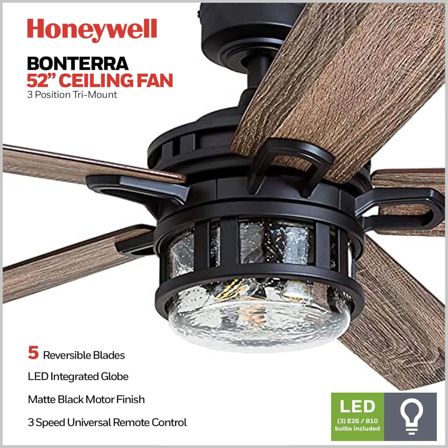 Honeywell Ceiling Fans Bonterra Modern 52 Inch Ceiling Fan with Light, Remote Control Fan, LED Indoor Fan with 5 Blades, Brown Pine and Black Blade Finish Options, Matte Black (50690-01)