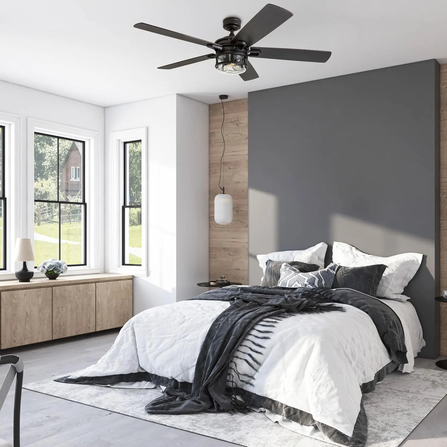Honeywell Ceiling Fans Bonterra Modern 52 Inch Ceiling Fan with Light, Remote Control Fan, LED Indoor Fan with 5 Blades, Brown Pine and Black Blade Finish Options, Matte Black (50690-01)