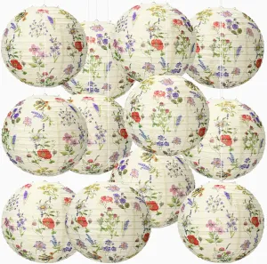 Honoson 12 Pcs Flower Lanterns Party Decoration Spring Tea Party Decor Flower Design Paper Hanging 10 Inch Round Lanterns for Floral Birthday Party Wedding Bridal Shower