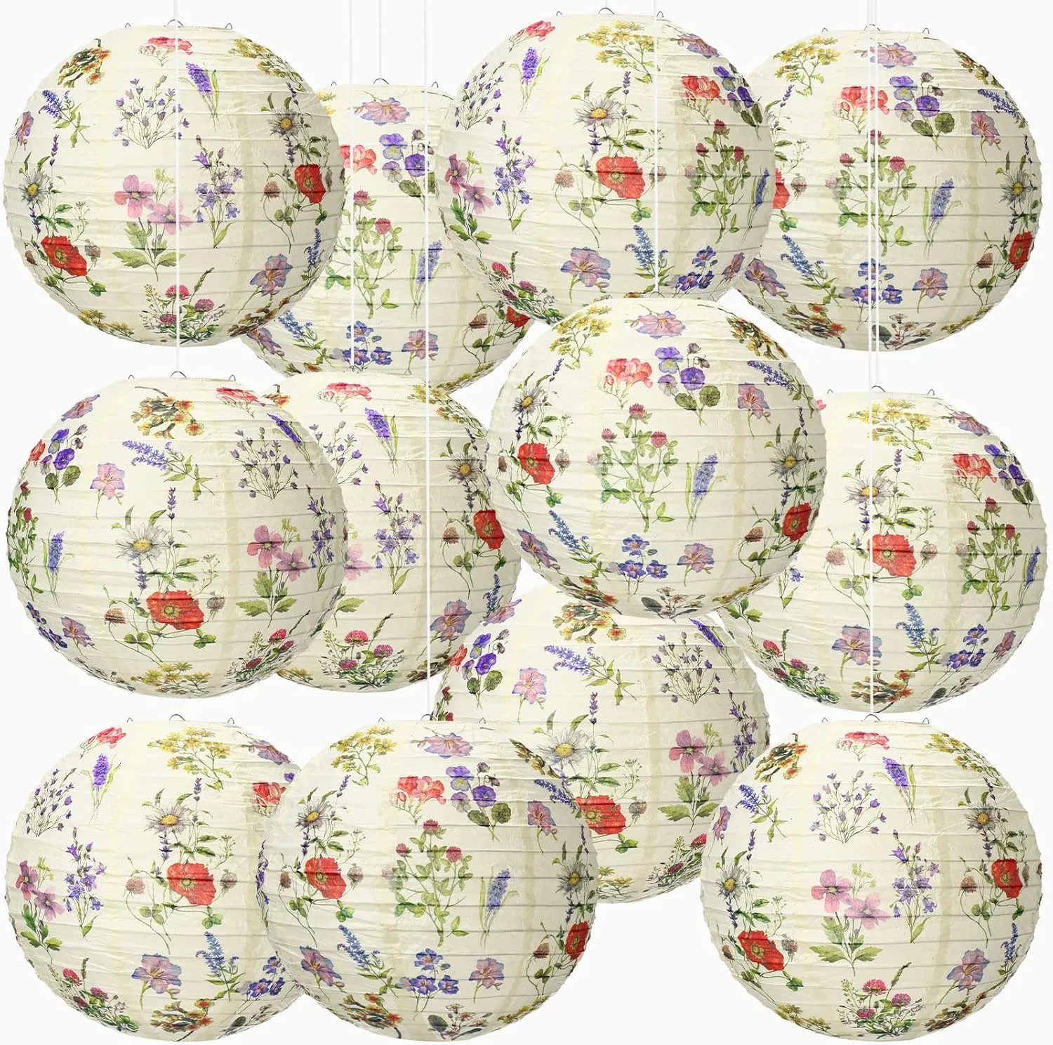 Honoson 12 Pcs Flower Lanterns Party Decoration Spring Tea Party Decor Flower Design Paper Hanging 10 Inch Round Lanterns for Floral Birthday Party Wedding Bridal Shower