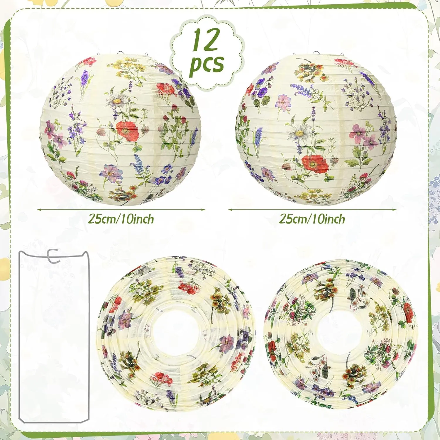 Honoson 12 Pcs Flower Lanterns Party Decoration Spring Tea Party Decor Flower Design Paper Hanging 10 Inch Round Lanterns for Floral Birthday Party Wedding Bridal Shower