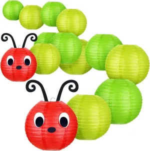 Hortsun 14 Pcs Hungry Caterpillar Paper Lanterns 12 Inch 8 Inch Set of 2 Caterpillar Themed Birthday Party Decorations with Eyes Mouth Feelers and Glue Point for Ceiling Hanging Decor(Red Green Color)