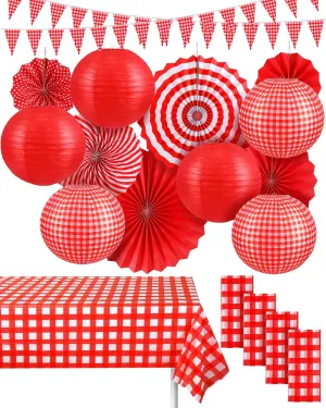 Hortsun 18 Pcs Picnic Party Decorations Set Include Red and White Checkered Gingham Pennant Banner Hanging Paper Fans Round Lanterns Plastic Disposable Tablecloth for BBQ Picnic Party Supplies(Red)