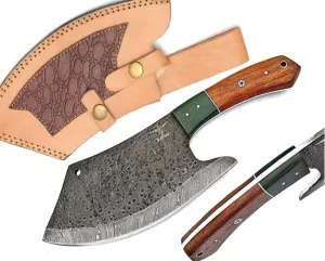 HotSteel Damascus Steel 12 inch Cleaver Knife - Meat Cleaver - Chef Knife - Fixed Blade - Full Tang - Rosewood Handle - Black Blade - 7 inches - 750 grams