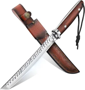 Hunting Knife with Sheath, 8.3 Inch Fixed Blade Survival Knife Outdoor Knife with Wooden Handle for Camping, Bushcraft, Christmas Gift for Men