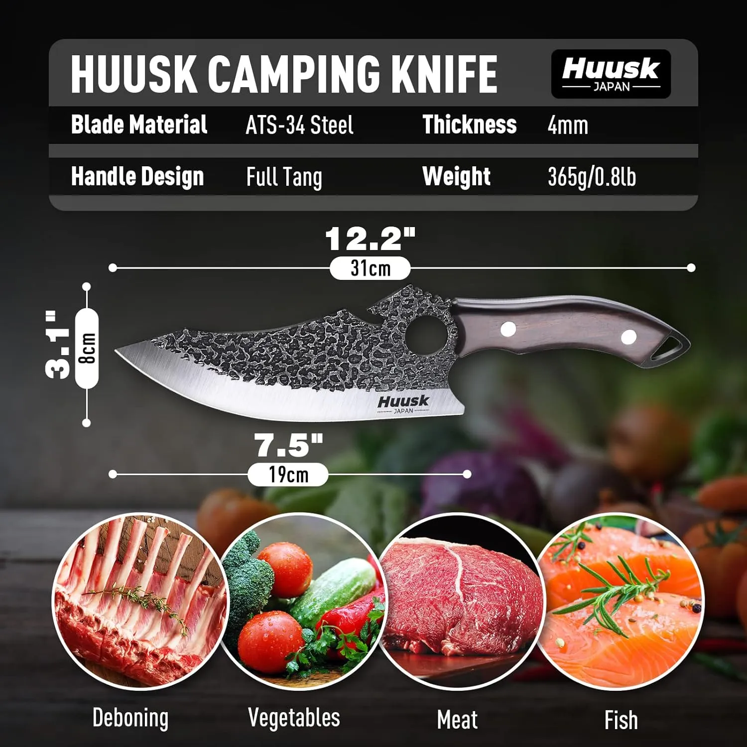 Huusk Japan Knife for Meat Cutting, Caveman Knives for Vegetables Butcher Knives with Full Tang Handle Viking Knives with Opener & Sheath for Kitchen BBQ Camping Outdoor, Gifts for Dad Christmas Gift