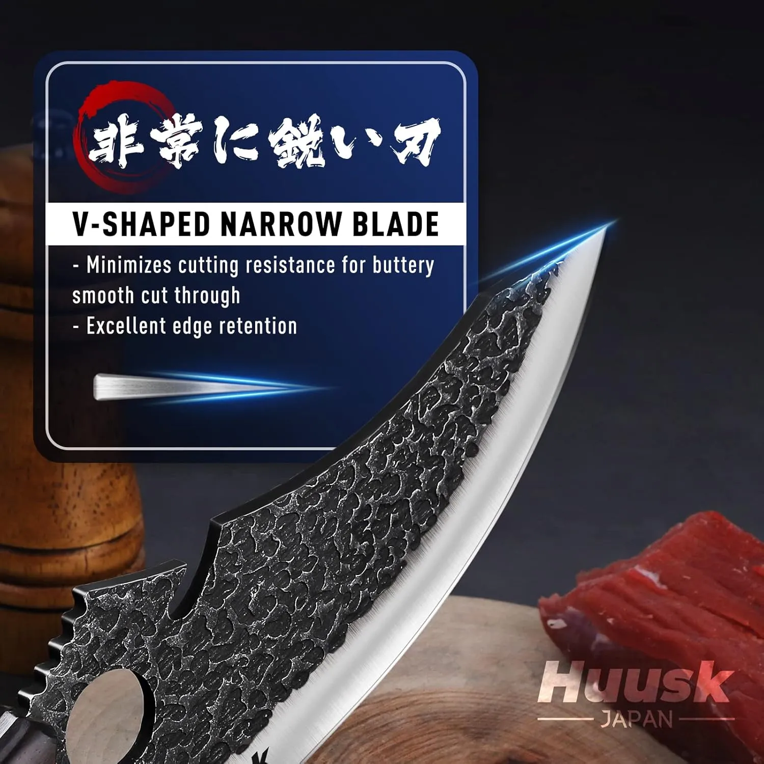 Huusk Japan Knife for Meat Cutting, Caveman Knives for Vegetables Butcher Knives with Full Tang Handle Viking Knives with Opener & Sheath for Kitchen BBQ Camping Outdoor, Gifts for Dad Christmas Gift